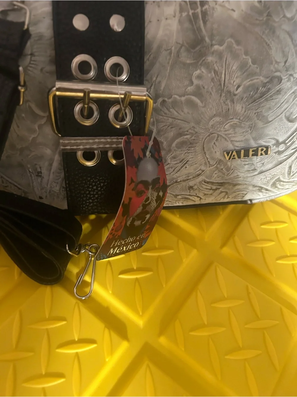 NWT VALERI Genuine Leather Shoulder Bag Floral Tooling Black White Y2K Mexico